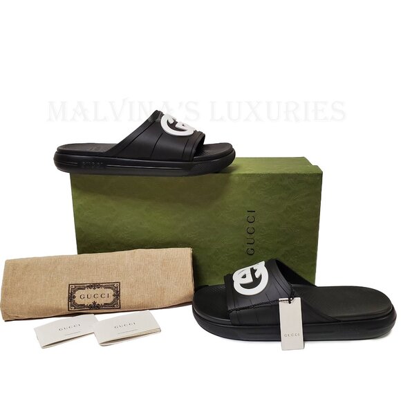 GUCCI SHOES MEN WHITE INTERLOCKING G LOGO BLACK RUBBER SLIDES sz 9 / 9.5 - Picture 3 of 15